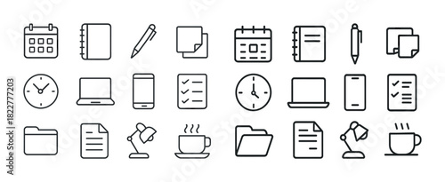 Set of office icons: calendar, notebook, pen, technology, coffee