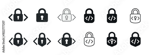 Set of padlock icons in black and white representing security and coding