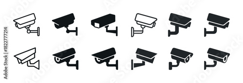 Set of twelve surveillance camera icons in black and white