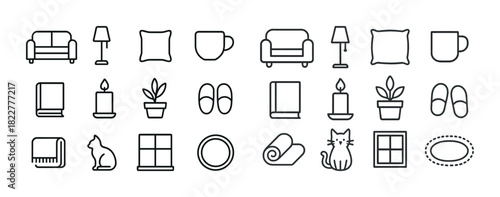 Minimalist home icon set: furniture, decor, and essentials in outline style