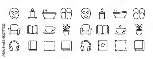 Spa and relaxation icons set: bath, candle, book, tea, and more