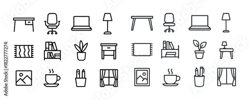 Minimalist office and home essentials icons: desk, lamp, chair, laptop, plant