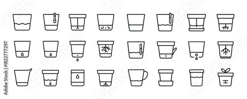 Line icons of plant growth stages in pots with water and seedlings