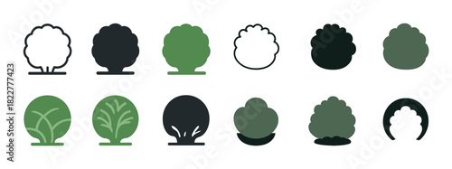 Variety of bush and shrub silhouettes and icons in different styles and colors