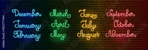 Neon Months Text Lettering. Vector Illustration of Glowing Led Lamp Seasons. Seasonal Words. Winter, Spring, Summer, Fall.