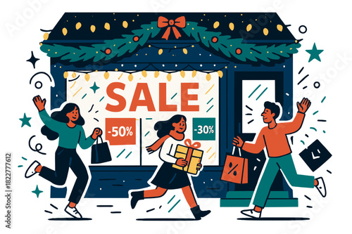 Festive Holiday Storefront. Storefront with Christmas lights and discount signs. Festive shop exterior