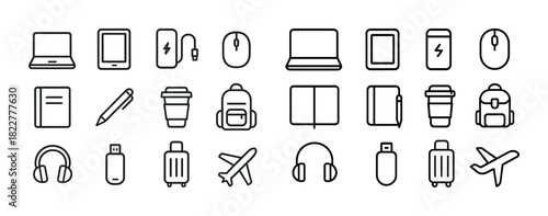 Icons of technology and travel essentials: laptops, tablets, headphones, airplanes, backpacks