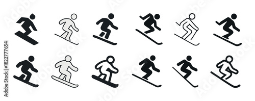 Set of skiing icons in various styles and poses on white background