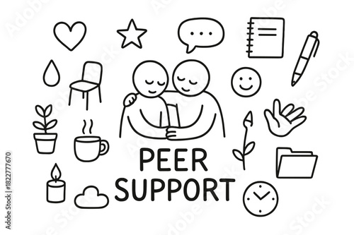 Peer Support Doodle. Peer Support. Hand-drawn doodle illustration of Peer Support. In the middle, one slightly