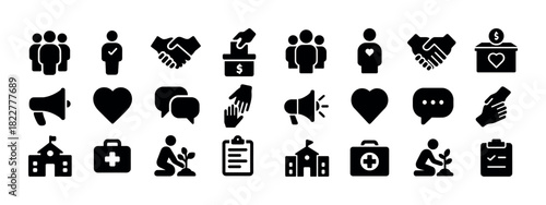 Collection of community and charity icons in black silhouette style