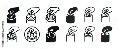 Hand opening beverage cans: step-by-step icon set