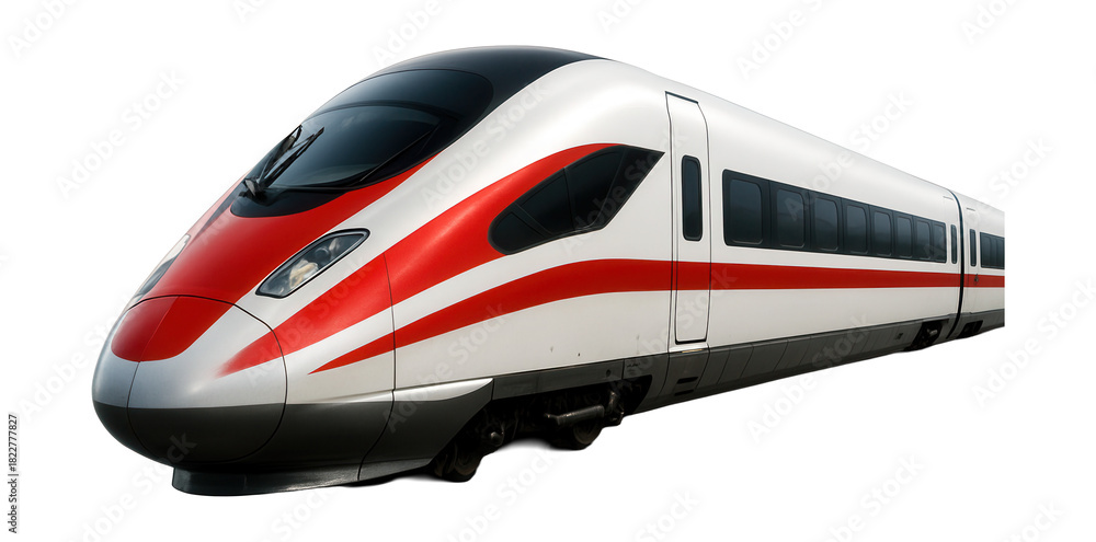 Fototapeta premium High-speed train in white and red with a sleek nose and large side doors.