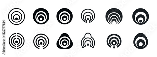 Set of geometric circular patterns and abstract symbols in black and white
