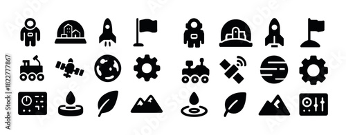 Space exploration icons set: astronauts, rockets, planets, rovers, flags
