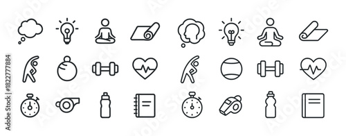 Fitness and wellness icons: meditation, exercise, yoga, health, mindfulness