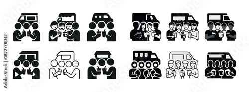 Monochrome icons of diverse food truck gatherings and social interactions