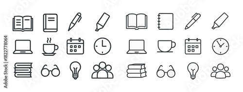 Set of office and study icons: books, pens, laptops, clocks, mugs, glasses, and more