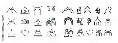 Minimalist wedding and outdoor icons: church, cake, mountains, couples, lanterns
