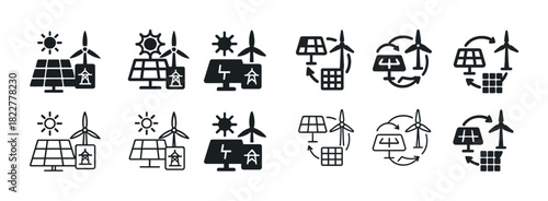 Renewable energy icons: solar, wind, and battery integration designs