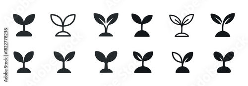 Set of twelve sapling icons in black and white variations