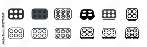 Set of twelve icons of egg cartons with various designs and styles