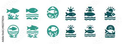 Set of aquatic fish icons with sun and water elements