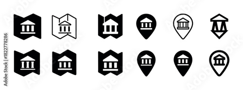 Set of museum and landmark icons in various map and pin styles