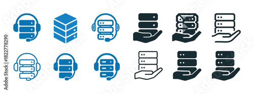 Assorted data server icons with headsets and hands