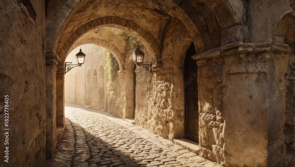 Fototapeta premium A sunlit, aged stone archway opens onto a cobblestone street in a European-style town