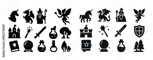 Fantasy icons set featuring unicorns, wizards, and castles in silhouette
