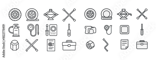 Car maintenance icons: tire jack, wrench, pump, toolkit, screwdriver, gauge set