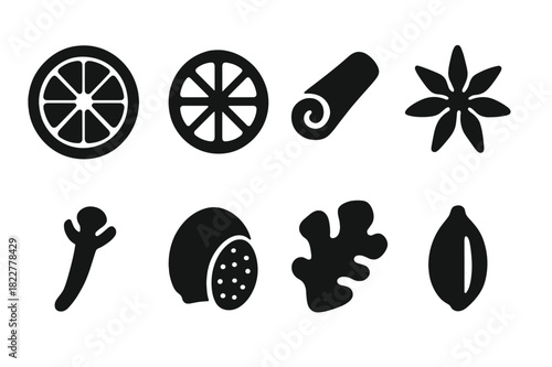 Citrus and Spice Icons. Citrus and spices. Filled icon set of citrus and spices: orange slice, lemon slice,