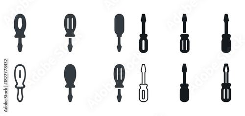 Set of twelve black and white screwdriver icons in various designs