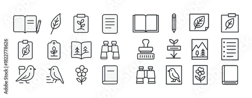 Nature and writing icons: leaf, book, pencil, binoculars, bird, flower, paper