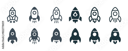 Set of twelve unique rocket icons illustrating various spaceship designs