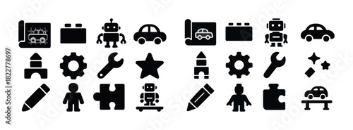 Set of playful toy and tool icons in black and white design