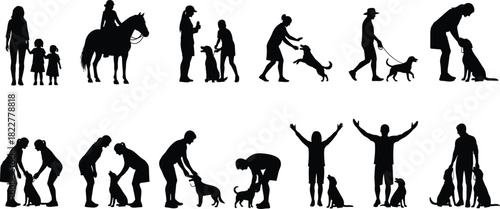 Set of black silhouettes illustrating people, including women, men, and children, interacting with dogs and a horse, emphasizing pet training, animal companionship, and outdoor activities.