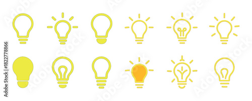 Collection of yellow light bulb icons with creative designs and variations