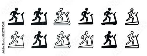 Icon set of stylized figures running on treadmills