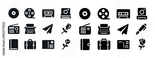 Vintage and modern media icons: camera, cassette, radio, typewriter, rose