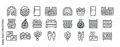 Black and white line icons of food storage and preservation