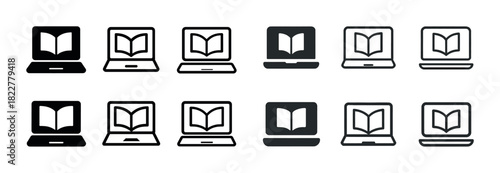 Laptop with book icon set in various styles