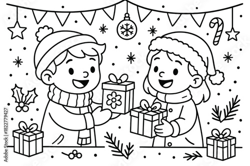 Festive Gift Exchange. Winter celebration gift exchange children?s coloring book illustration, outlined