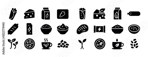 Assorted food and beverage icons: cheese, drinks, snacks, and more