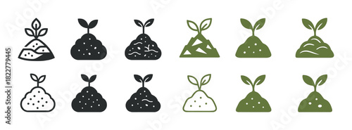 Set of twelve sprouting plant icons in monochrome and green variations