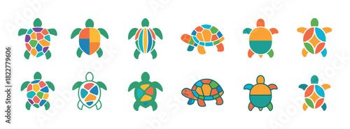 Colorful geometric turtles illustration in various styles