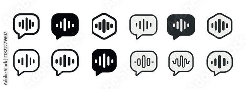 Black and white speech bubble icons with sound wave designs