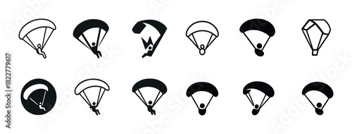 Collection of paragliding icons and symbols in black and white