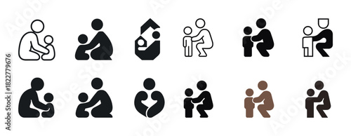 Parent-child icons: symbolic family bonds and relationships in various styles