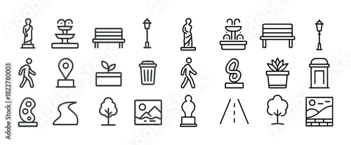 Outline icons of sculptures, nature, and urban elements